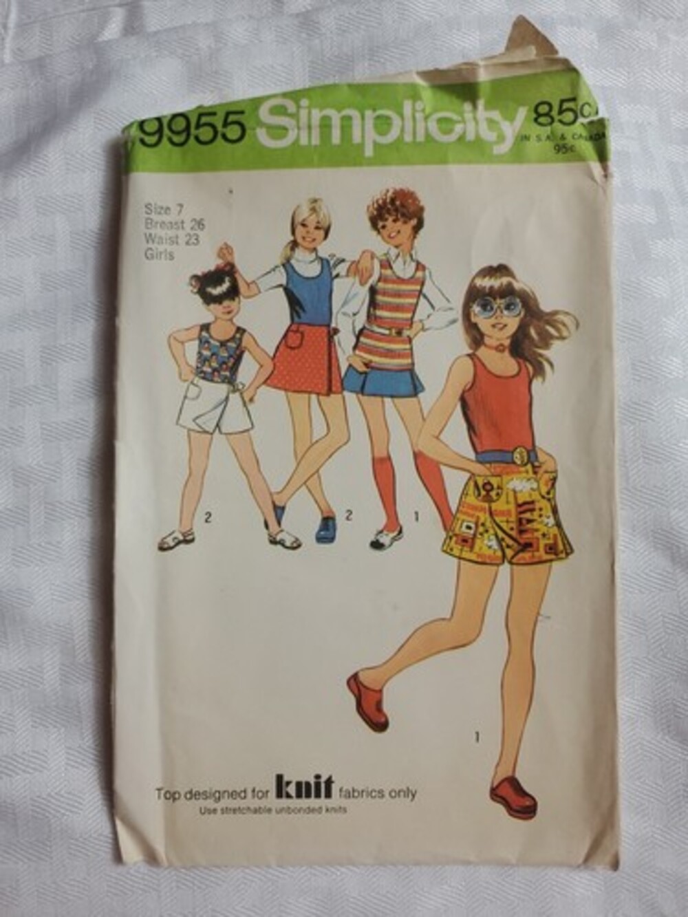 Vtg Simplicity Pattern 9955 Girls Knit Tank Top, Mini Scooter Skirt, Size 7 FF